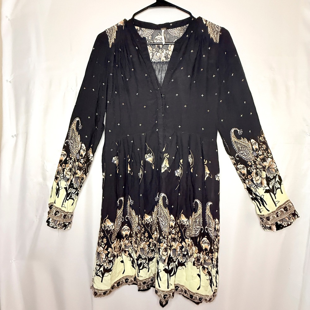 Free People Sierra Valley Mini Dress Small Black Paisley Floral Boho
